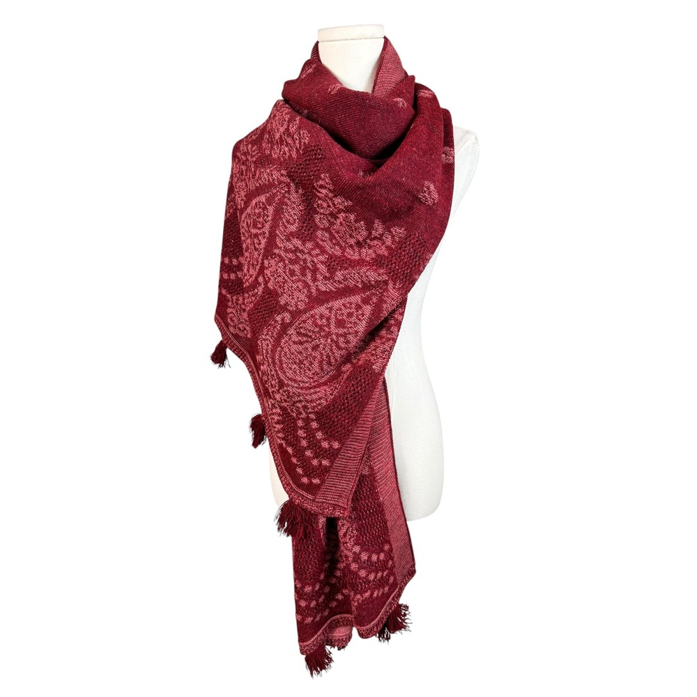 Burgundy Red Paisley Jacquard Knit Tassel Wrap Scarf Shawl Oversized